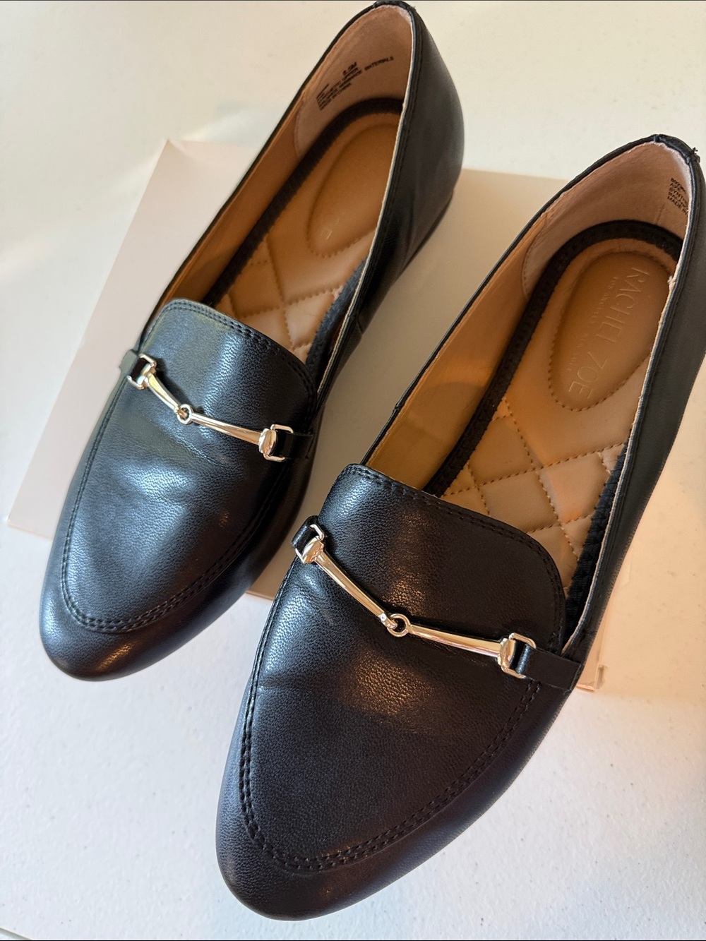 Rachel Zoe Black Sleek Leather Horsebit Loafers SilverTone Slip On Flats Sz8.5